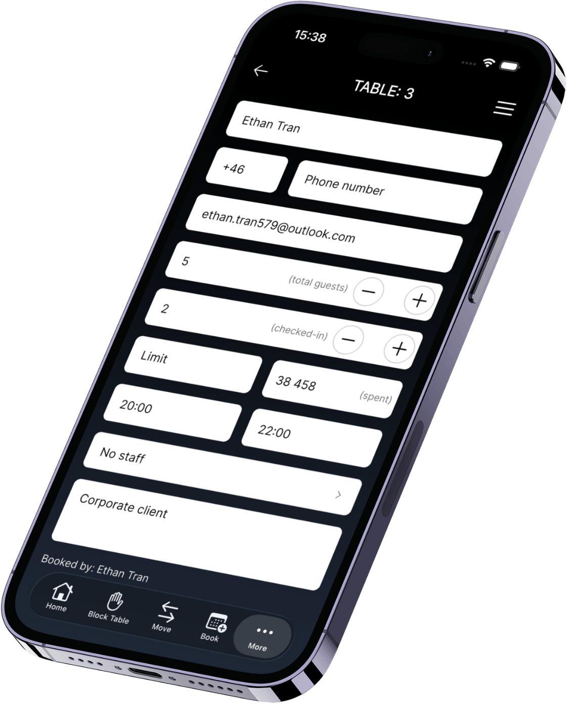 App mobile GuestBuddy parcours de demande de table