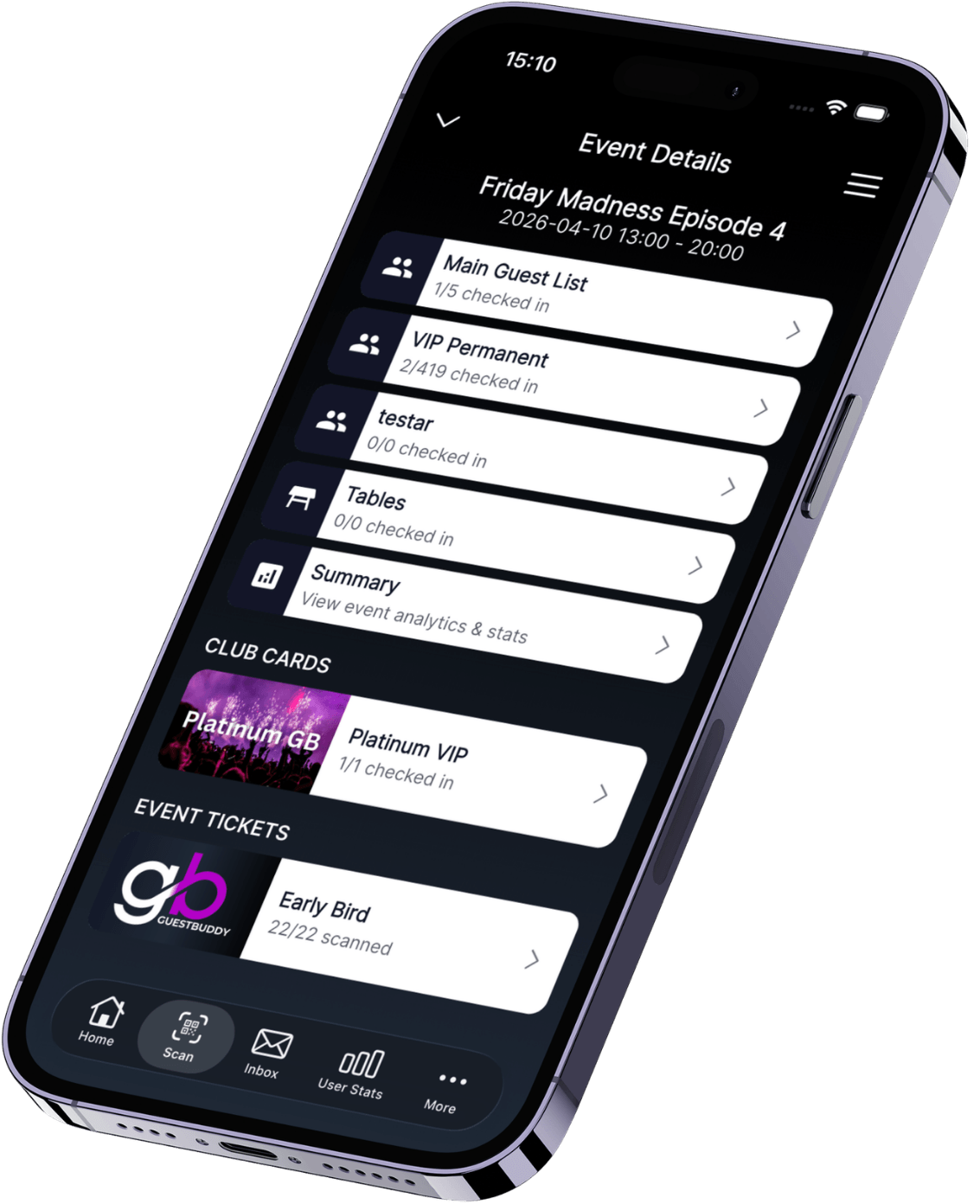 App GuestBuddy détail d'événement avec listes d'invités, cartes club et billets