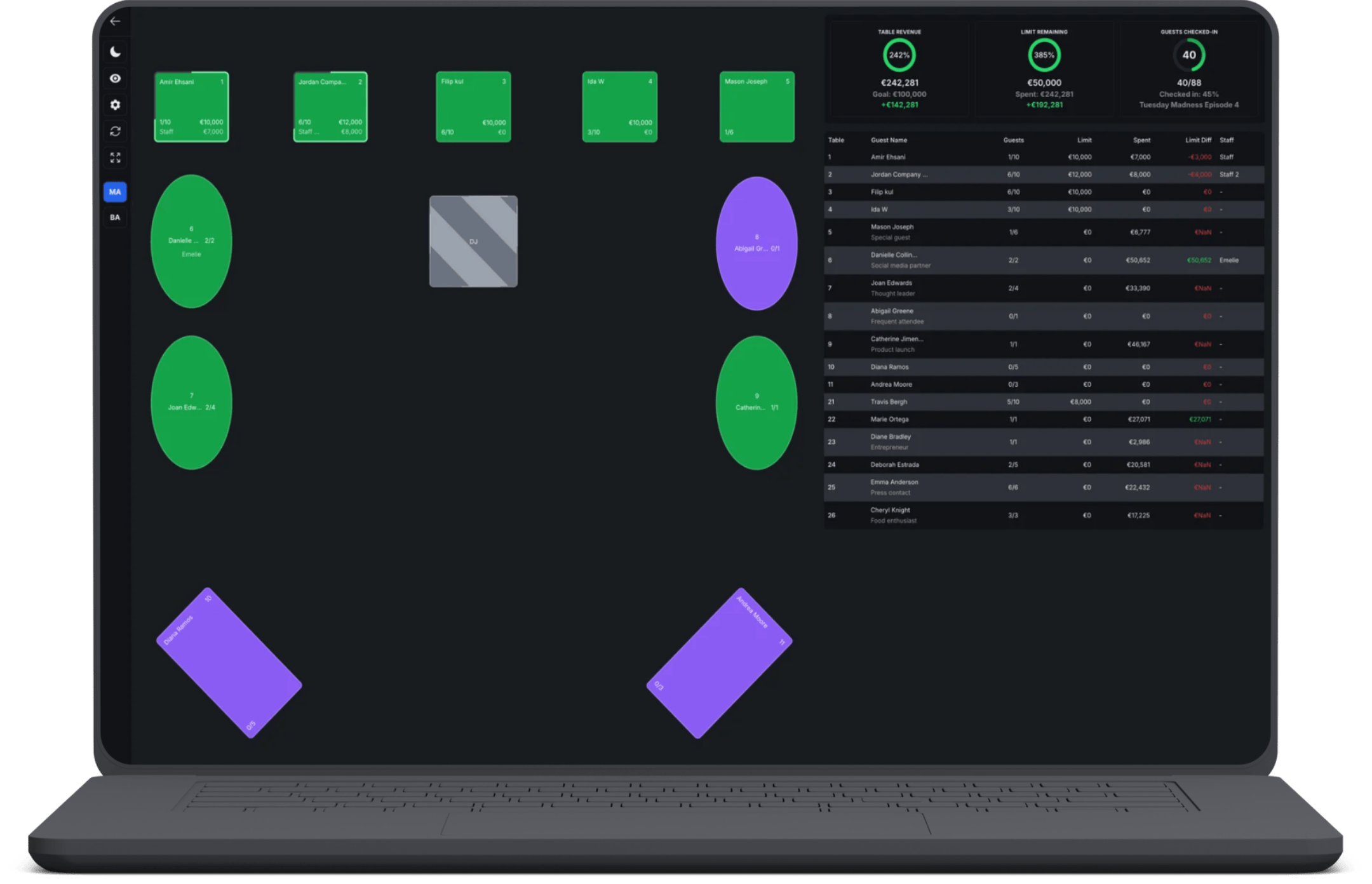 Portail GuestBuddy Business en mode présentateur avec plan de salle et statuts de tables