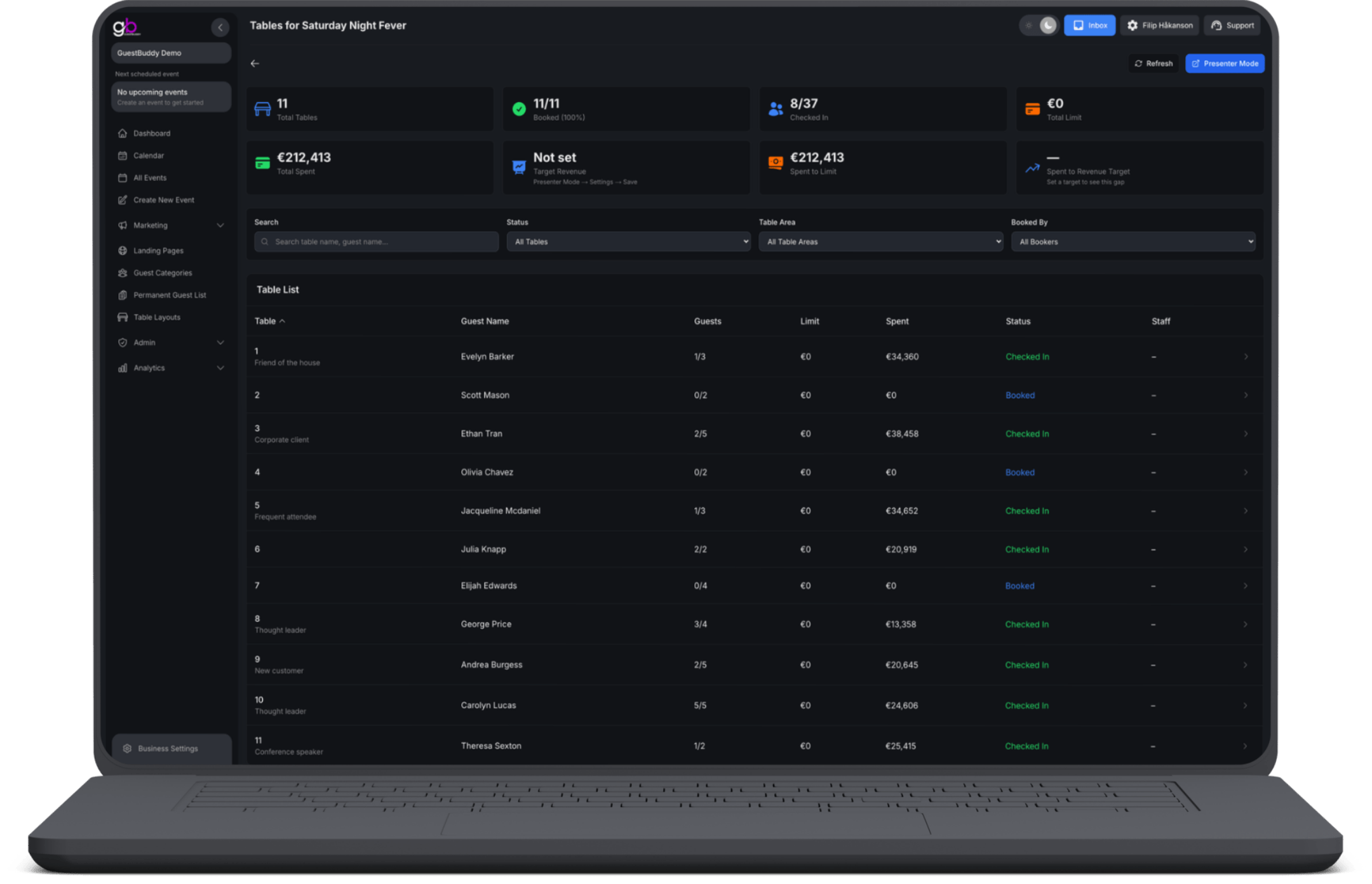 Portail GuestBuddy Business avec liste live de réservation de tables pour un événement