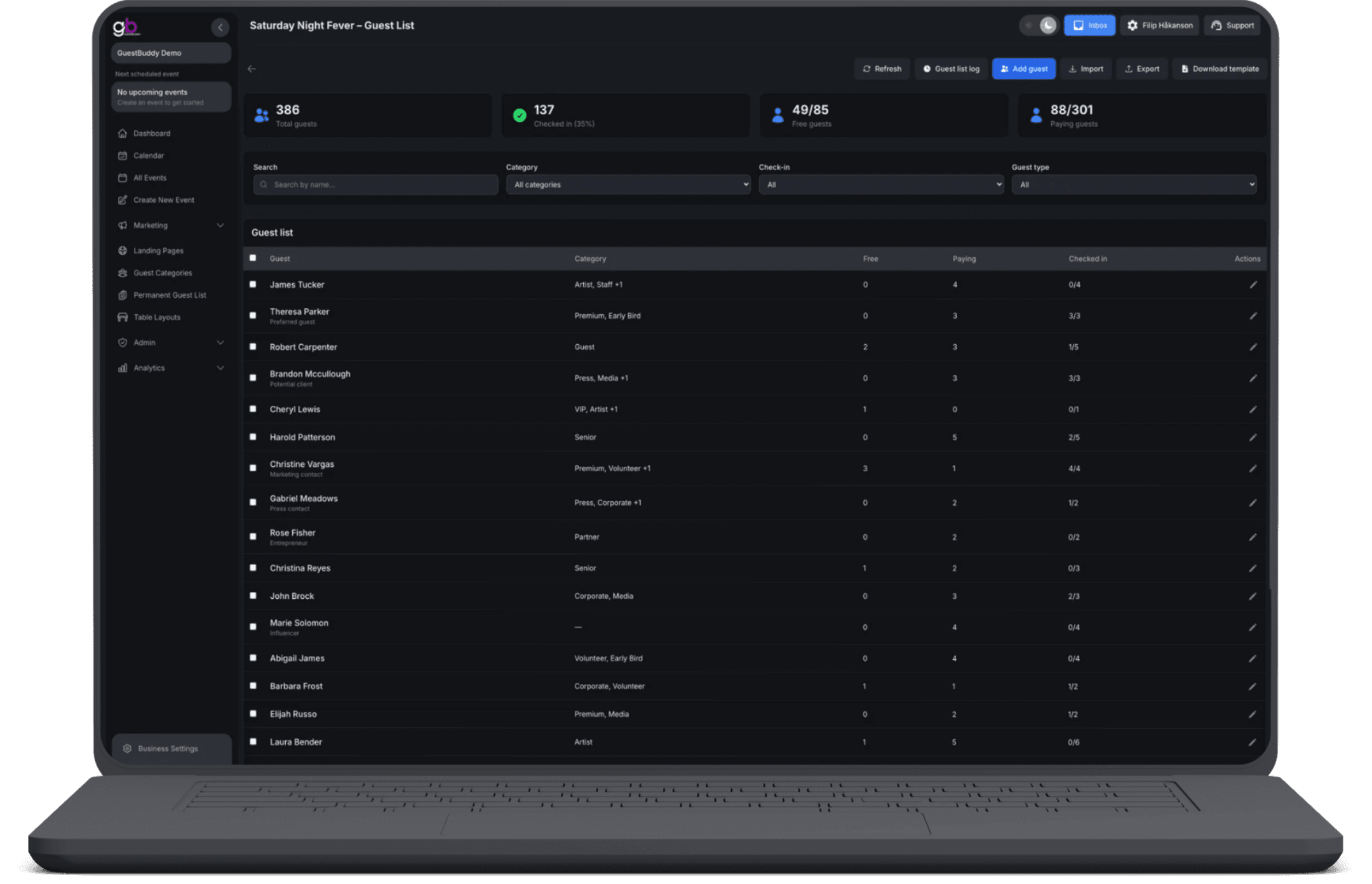 GuestBuddy Business Portal guest list for an event with metrics, filters, and table of guests