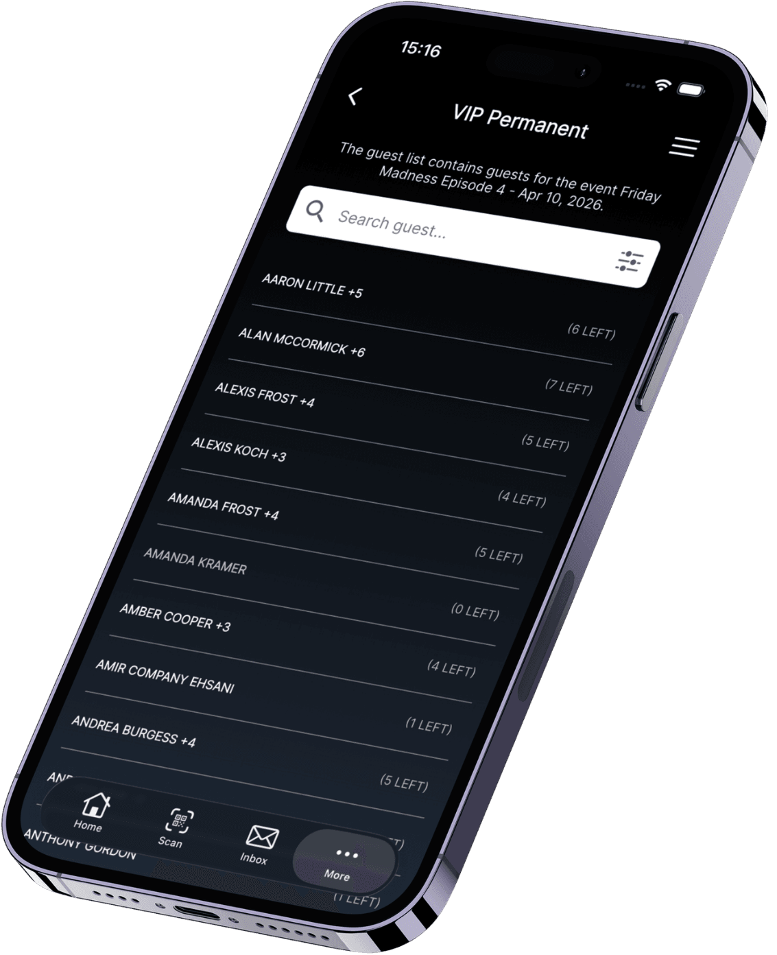 GuestBuddy mobile app permanent guest list with check-in progress