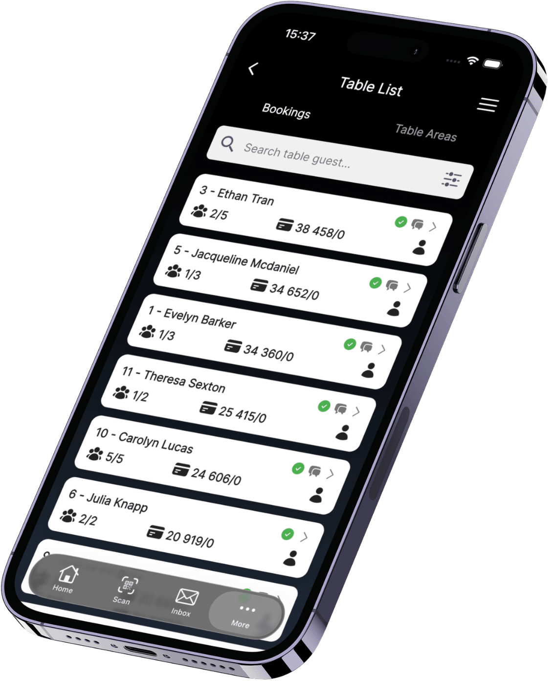 GuestBuddy mobile app table booking list with party details and statuses